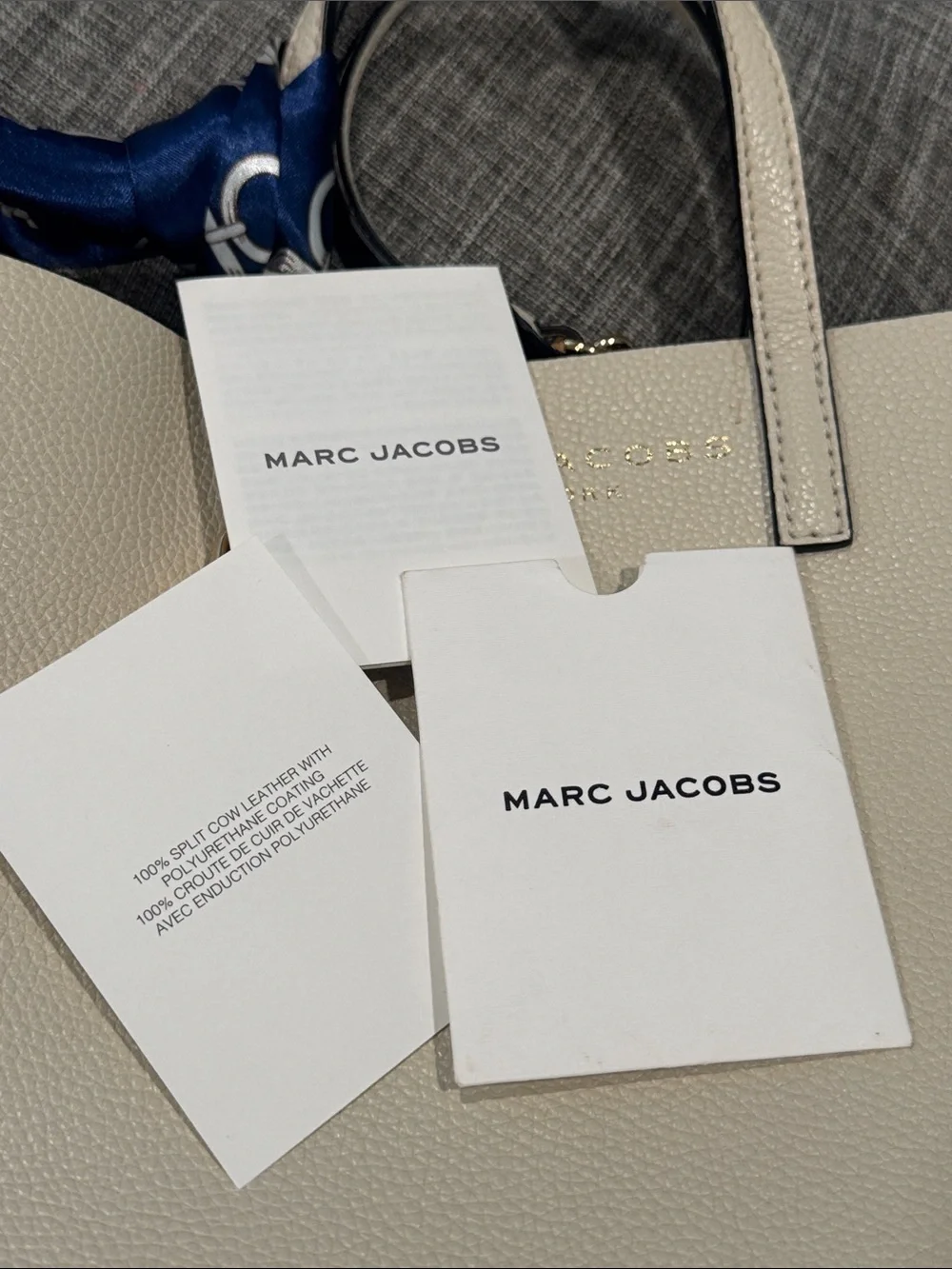 Marc Jacobs Bag Mini Grind Cream Leather Tote Crossbody with Navy Scarf - Picture 15 of 17